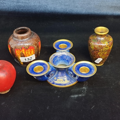 132 - Three vintage items including two vases, one of which is East German and another cloisonne example. ... 