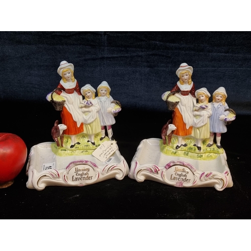 196 - Two charming porcelain Yardly English Lavender soap trays depicting a mother with children carrying ... 