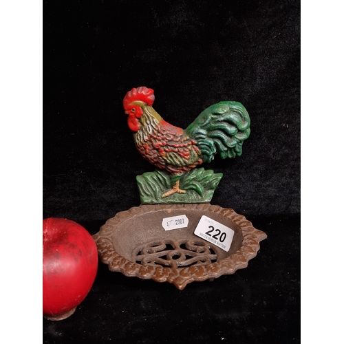 220 - A cast metal kitchen soap dish with a figure of a rooster.