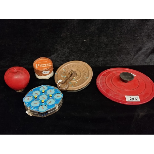 243 - Four vintage items including a Pioneer Ribbon Dublin box complete with ribbon and a Rubik's Clock ga... 