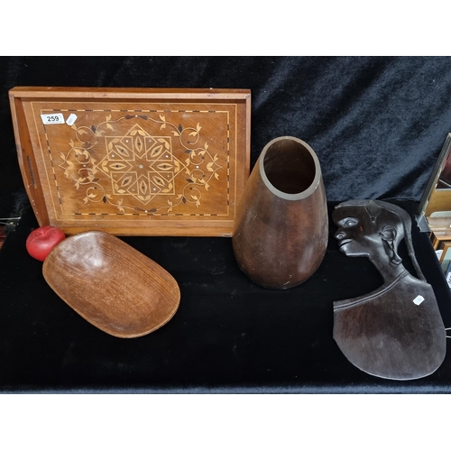 259 - A beautiful tray with mother of pearl detail and marquetry, ebony carving of an African woman's prof... 