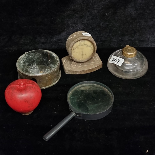 283 - Four items including a vintage bakelite Rototherm thermometer, an antique reading magnifier a  magni... 