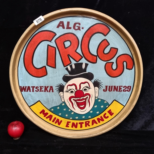 70 - A wonderful vintage hand painted metal tray advertising a circus show at Watseka. Lovely hand touche... 