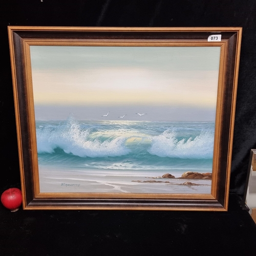 73 - An original oil on board painting featuring a crashing wave seascape. Signed R. Adoms bottom left an... 