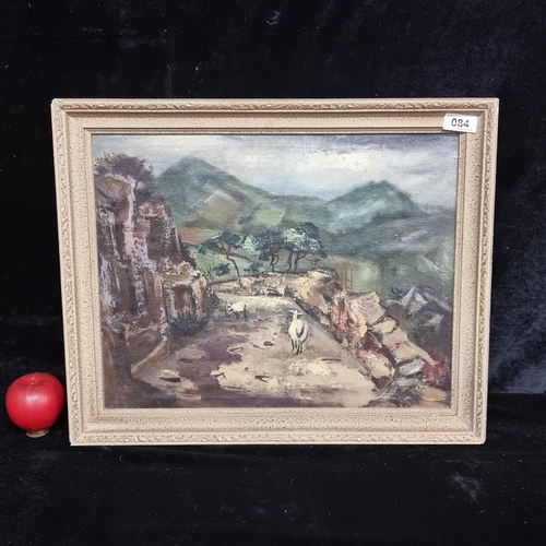 84 - A vintage original oil on board painting showing a rural Mediterranean landscape scene with fluffy l... 