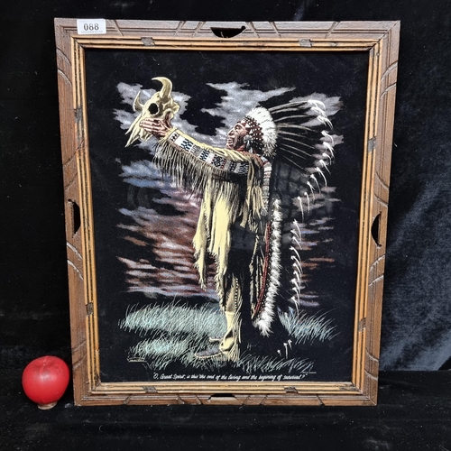 88 - A printed felt canvas showing a Native American figure with inscription to base reading 