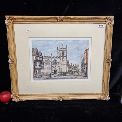 89 - A hand signed John Burt (British) print showing an English Tudor town with cathedral and timber fram... 