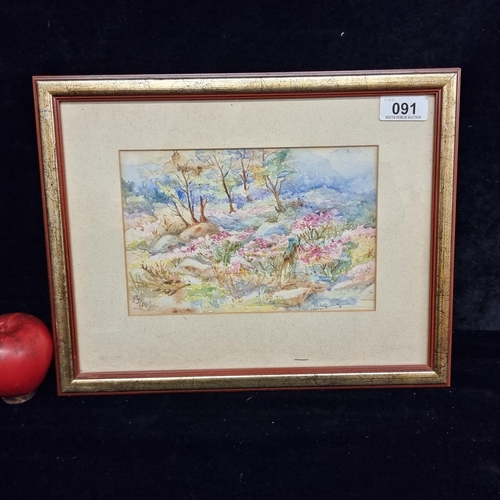 91 - An original watercolour on paper painting showing a landscape scene rendered in a bright palette of ... 