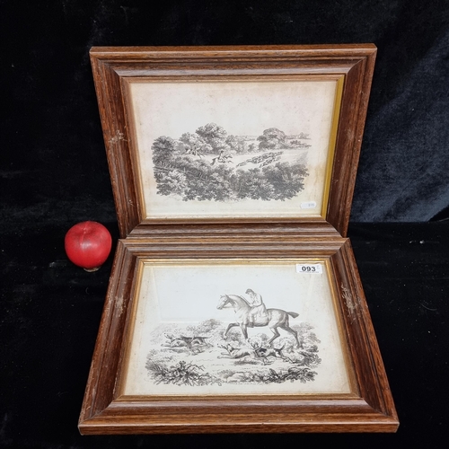 93 - Two vintage prints of engravings depicting hunting scenes. Housed in wooden frames.