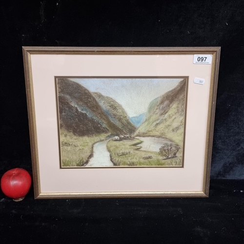 97 - An original chalk pastel on paper painting showing a rural landscape scene of a mountainous valley r... 