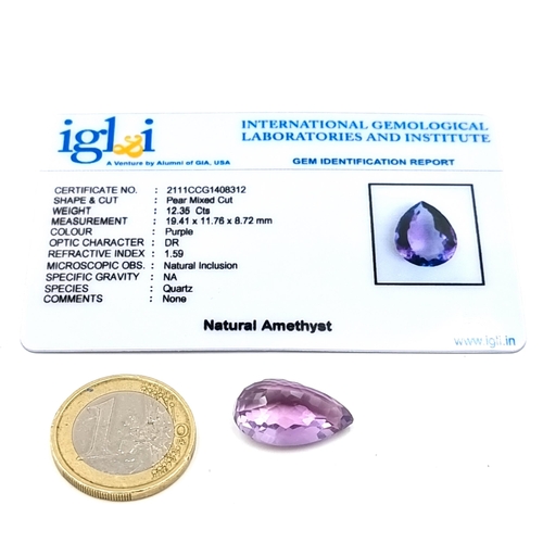 893 - A beautiful natural pear mixed cut amethyst of 12.35 carats. Accompanied by GLI certificate.