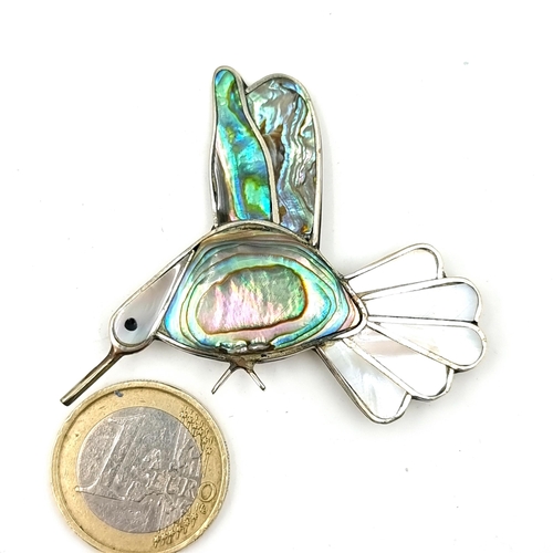 922 - A beautiful Sterling Silver large humming bird brooch with With Abalone shell and mother of pearl de... 