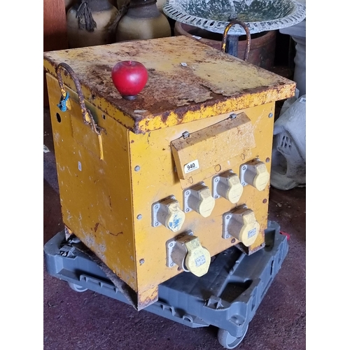 940 - A large site transformer with six sockets (16 AMP and 32 AMP). H51cm x L45cm x W45cm