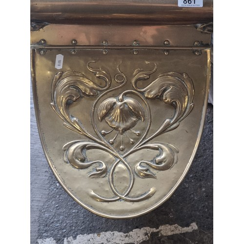 861 - Star Lot : A fabulous elegant art Nouveau helmet brass coal scuttle with a matching shovel held insi... 
