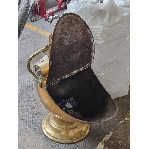 861 - Star Lot : A fabulous elegant art Nouveau helmet brass coal scuttle with a matching shovel held insi... 