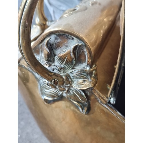 861 - Star Lot : A fabulous elegant art Nouveau helmet brass coal scuttle with a matching shovel held insi... 