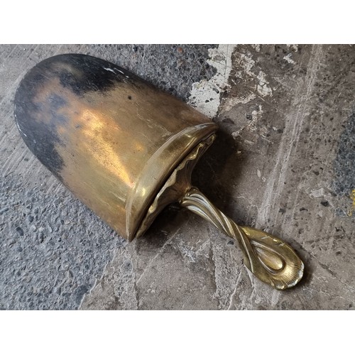 861 - Star Lot : A fabulous elegant art Nouveau helmet brass coal scuttle with a matching shovel held insi... 