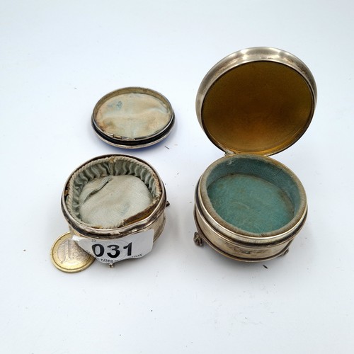 31 - A fabulous duo of antique sterling silver ring boxes, each featuring a striking blue Guilloche ename... 