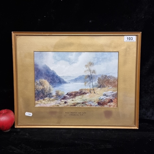 103 - A coloured print of a painting originally by J . MacWhirter R.A. titled 'Midst Mountain and Lake. A ... 