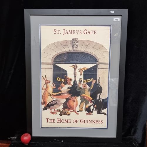 A fabulous large original vintage print of a Guinness advertising poster. Artwork originally by the well known artist and illustrator John Gilroy. Features St James's Gate and all the infamous Guinness characters. Housed in a high quality black frame with complementary grey matting.
MM: 70cm x 95cm including frame.