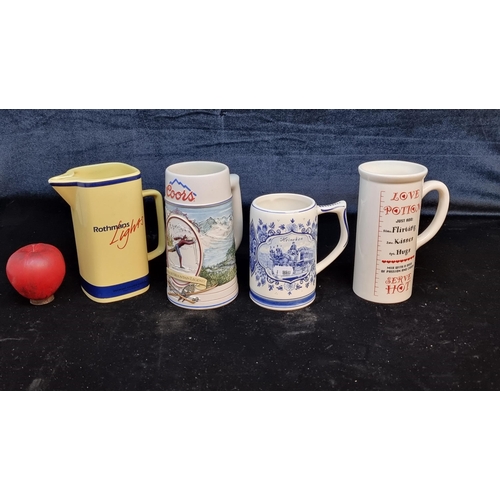 111 - Three ceramic beer steins including  Heineken and Coors and  Rothmans light whiskey water jug.