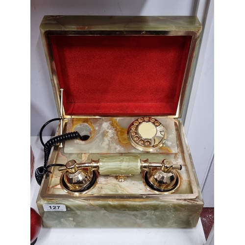 127 - Star Lot : A beautiful heavy quality 1970s rotary phone housed in an ornate onyx lidded case lined w... 