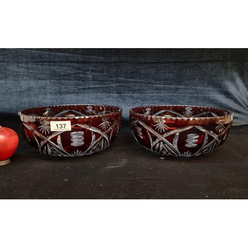 137 - Two large beautiful mid century engraved bohemian ruby flash bowls. D26cm. In super condition.