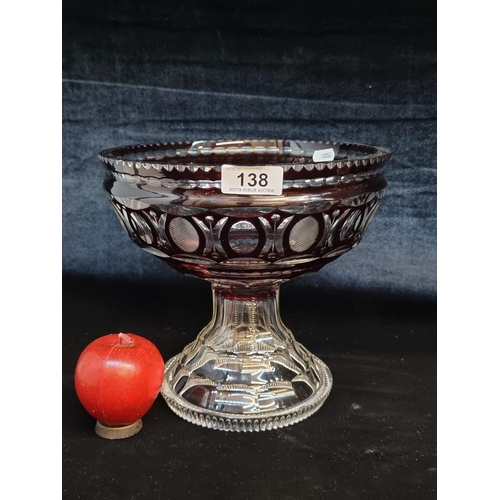 138 - A very large impressive mid century engraved ruby flash bohemian pedestal bowl. H22cm. In super cond... 