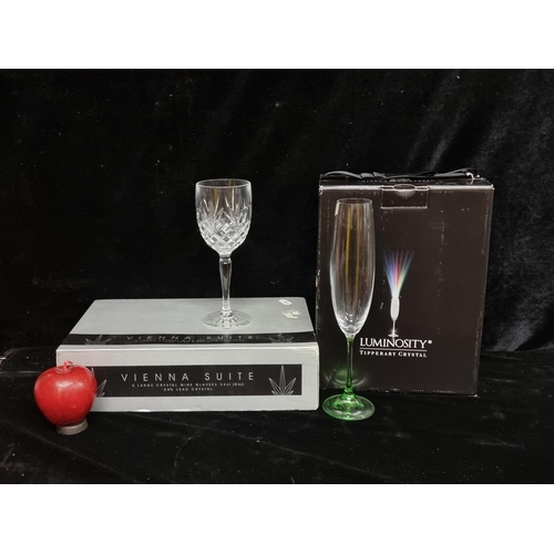 193 - Two boxes with sets of stemmed crystal glasses including a set of six Tipperary Crystal in the Lumin... 