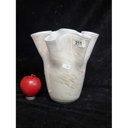 211 - A fabulous hand blown Mid century  opaline glass vase with a golden pattern throughout. Possibly Mur... 