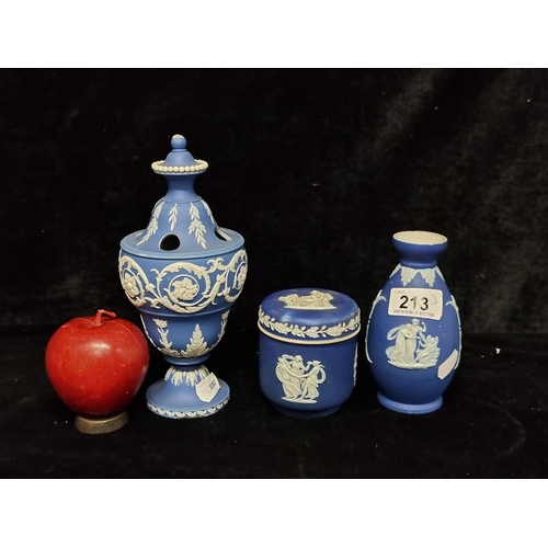 213 - Three Wedgwood England porcelain items including a lidded jar, a bud vase and a Rose frog. All in a ... 