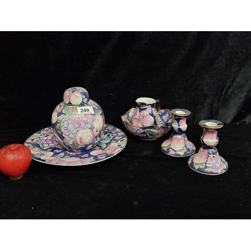 249 - A selection of six Japanese porcelain pieces by Toyo in a rich blue and purple palette with peach fr... 