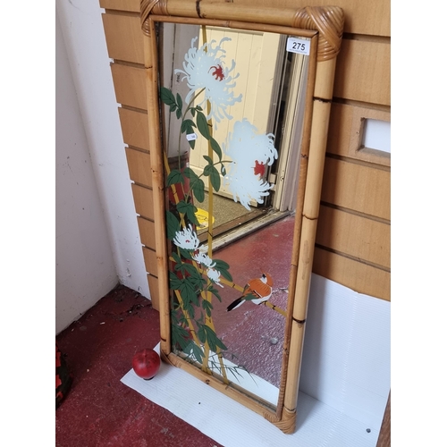 275 - A lovely vintage mirror with painted glass showing Japanese flower blossom and garden bird. Housed i... 