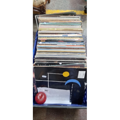 397 - A crate containing approx. 120 LP vinyl records including Fleetwood Mac, Chris Rea and the Eurythmic... 