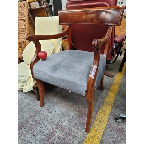 401 - An elegant Georgian  chair with curved backrest and splayed legs. Upholstered in grey plush fabric w... 