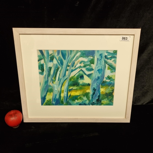 63 - An original oil on board painting featuring a vibrant composition of a forested landscape, rendered ... 