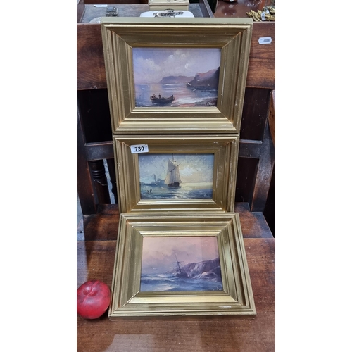 730 - Three original oil on board paintings, one dating to 1994, depicting atmospheric seascapes. Rendered... 