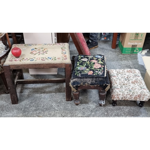 740 - Three antique upholstered foot stools. Two tapestry examples with floral patterns.
Provenance: from ... 