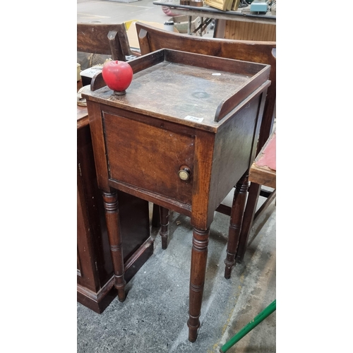 748 - A fabulous Victorian mahogany bedside cabinet with paneled cupboard door fitted with original turned... 