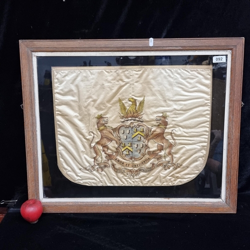 92 - A Victorian antique Preston Guild Merchant (1902) coat of arms on silk fabric. Housed in a wooden fr... 