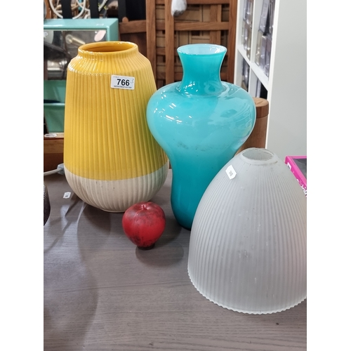 766 - Three super mid century vases inc an aqua blue glass vase with a super yellow and white example.