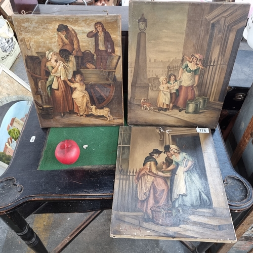 776 - Star Lot : Three antique oil on canvas paintings showing genre scenes of Victorian figures going abo... 