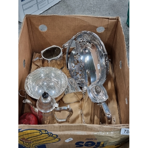 786 - Six silver plated items including a footed fruit bow, a rose frog, two coffee pots, a sugar bowl and... 