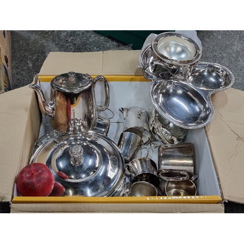 787 - Twelve silver plated items including lidded terrine with glass liner, serving bowl and creamers.