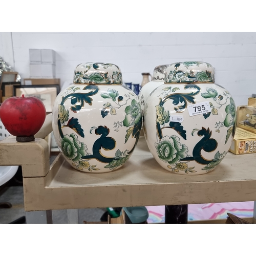 795 - A lovely pair of very large  Mason's ironstone lidded urn jars in the Chartreuse pattern. In very go... 