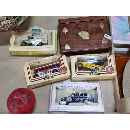 798 - Five items including four die-cast model cars from Lledo along with a wooden and brass card-box with... 