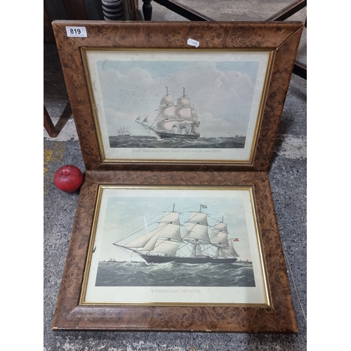 819 - Two vintage maritime prints of 'The Madagascar' and 'The Ethiopian' ships. Housed in wooden and gilt... 