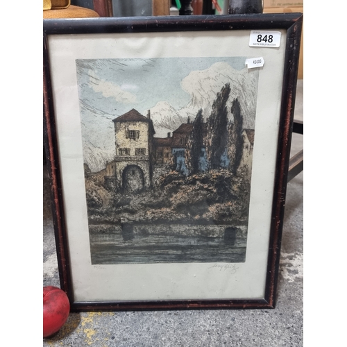 848 - A stunning original limited edition (93/100) acid plate etching showing a Mediterranean scene of cyp... 