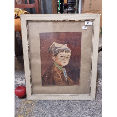 851 - An early 20th century original watercolour on paper painting showing a portrait of a curious young b... 