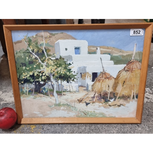 852 - An original gouache on paper painting showing a scene from rural Ibiza with limewashed homestead and... 